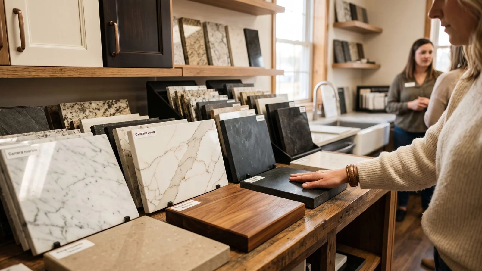 Countertop slab samples: quartz, granite, marble, butcher block