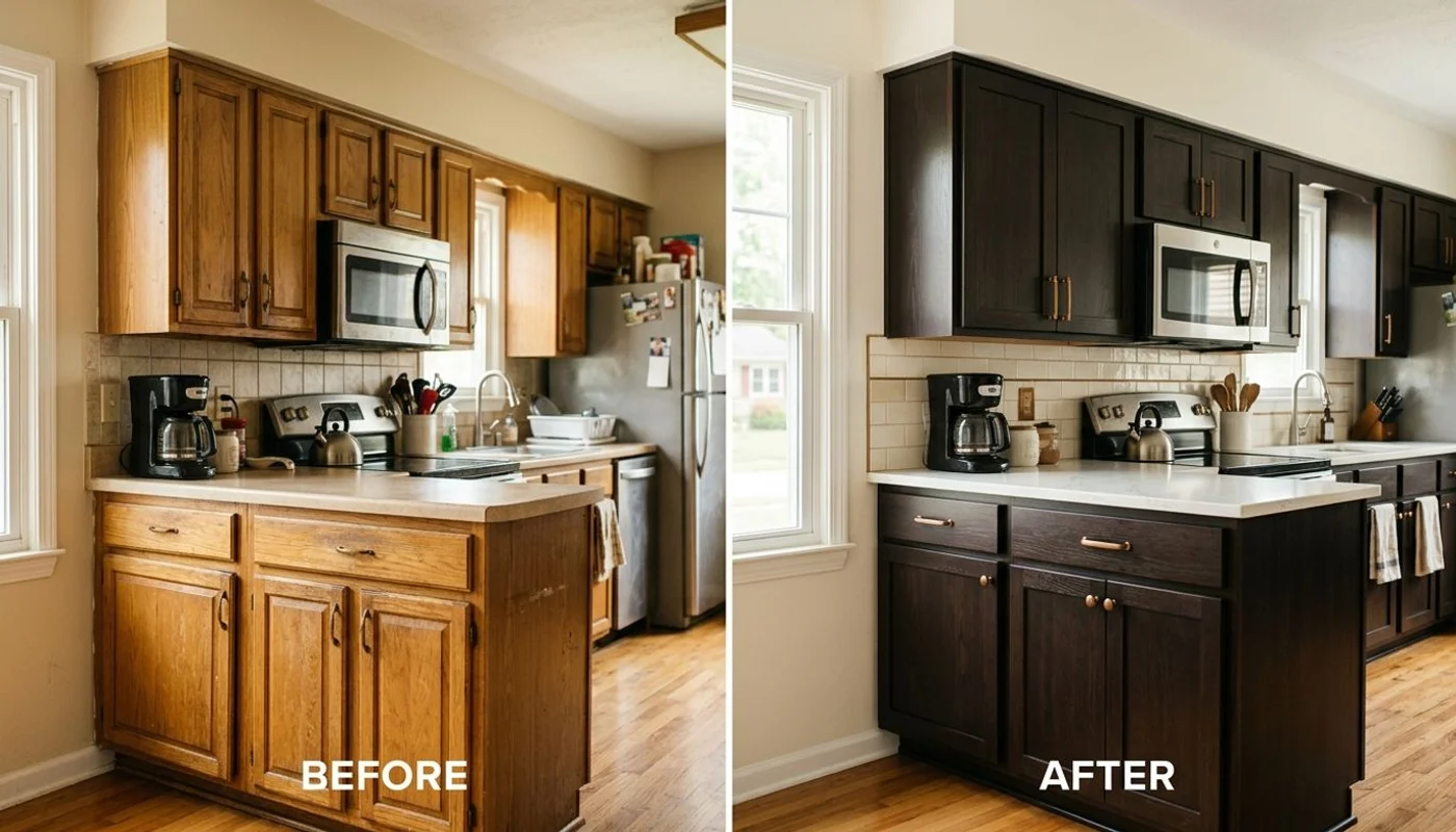 Before-and-after of same cabinets showing refacing transformation
