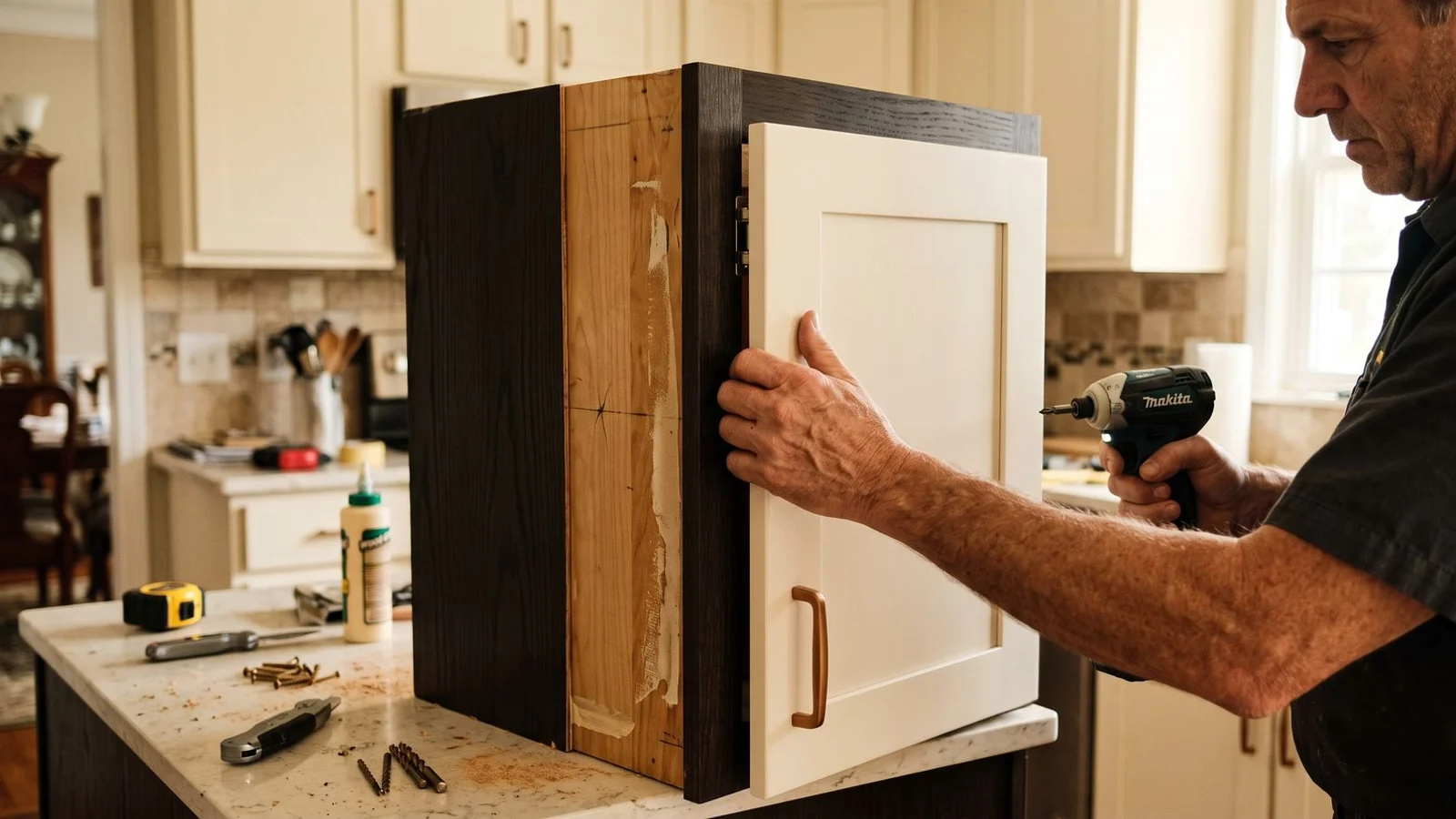 Cabinet being refaced with new door and veneer