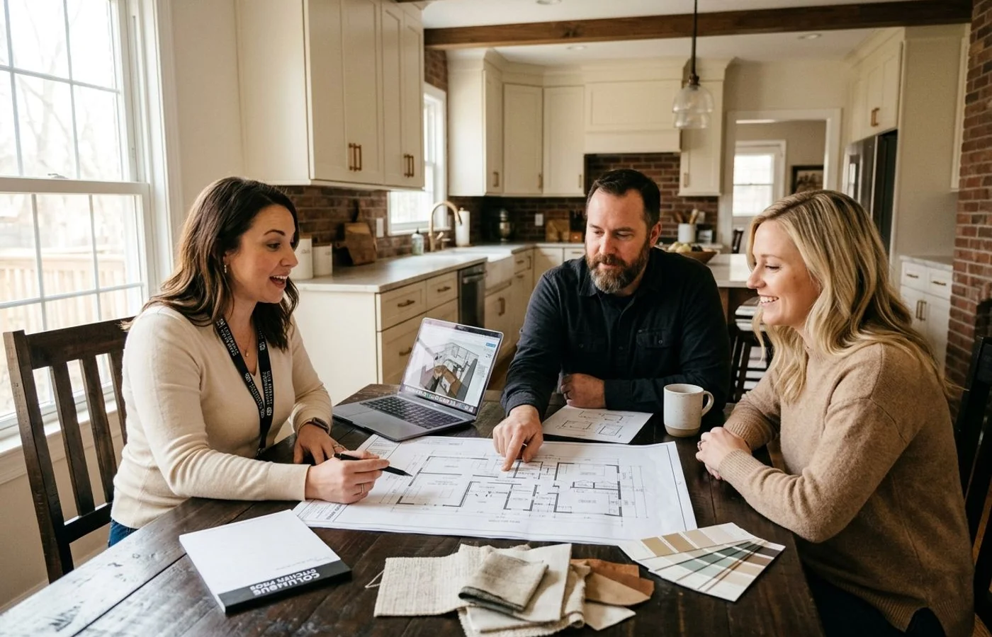 In-house design team reviewing a kitchen layout with client