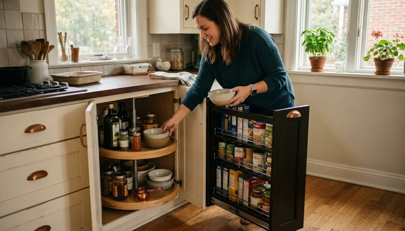 Corner lazy susan and pull-out shelving in use