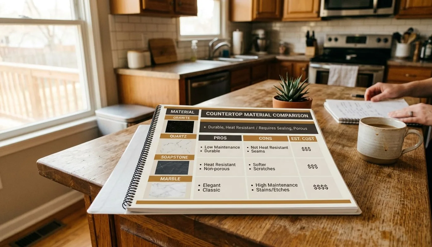 Countertop material comparison table graphic
