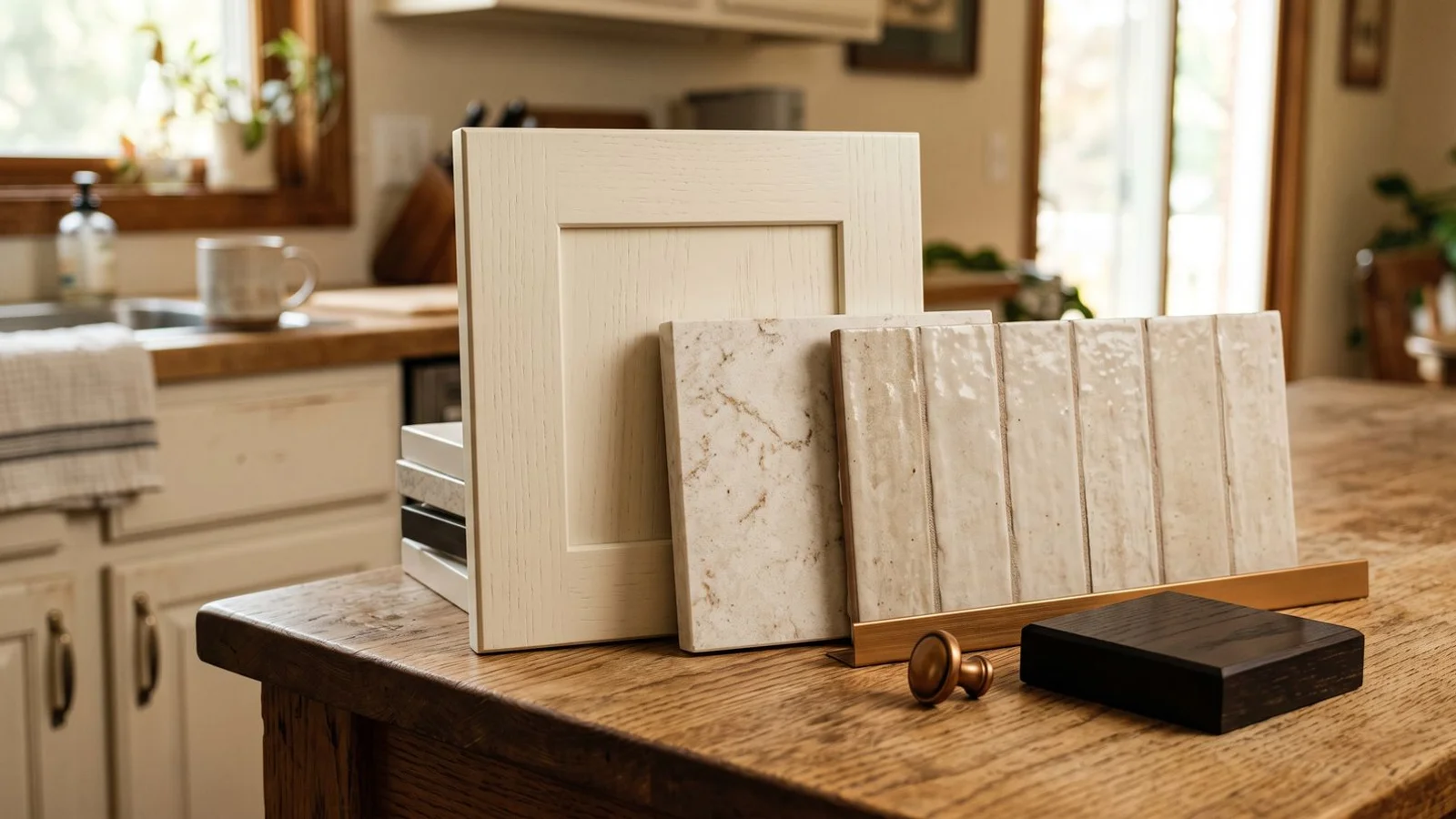 Countertop, cabinet door, and backsplash tile samples together