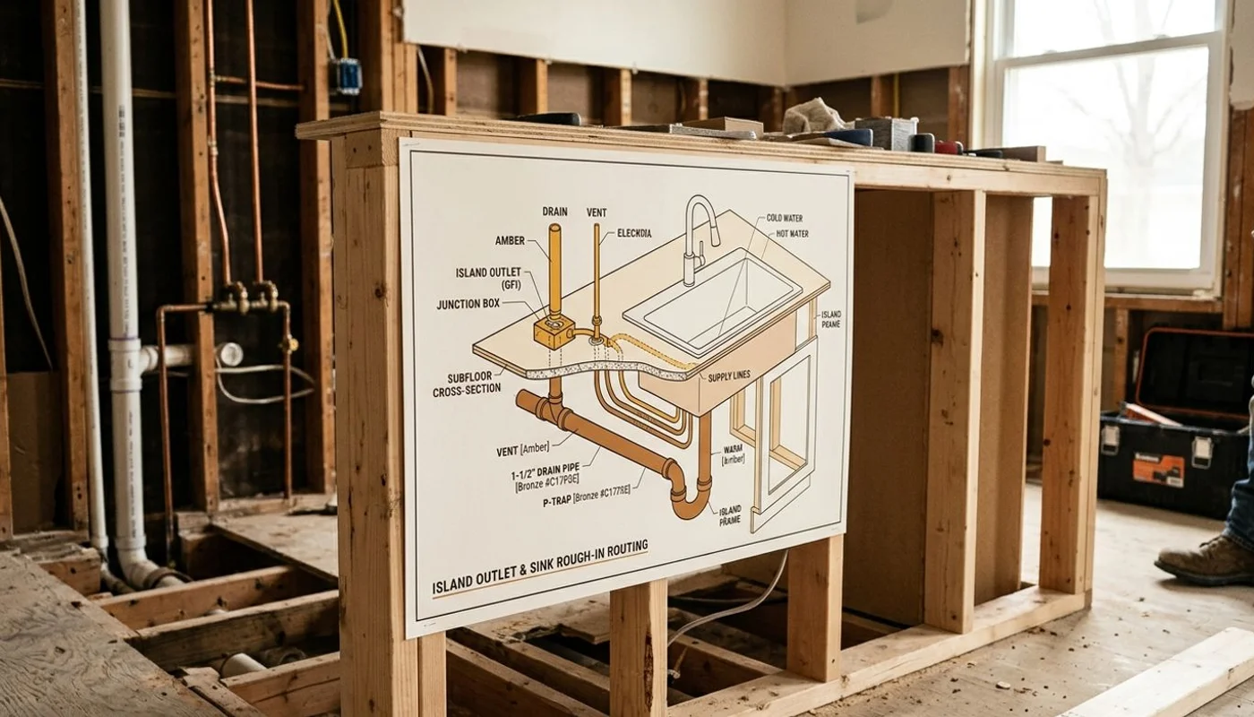 Cutaway diagram of island outlet and sink rough-in routing