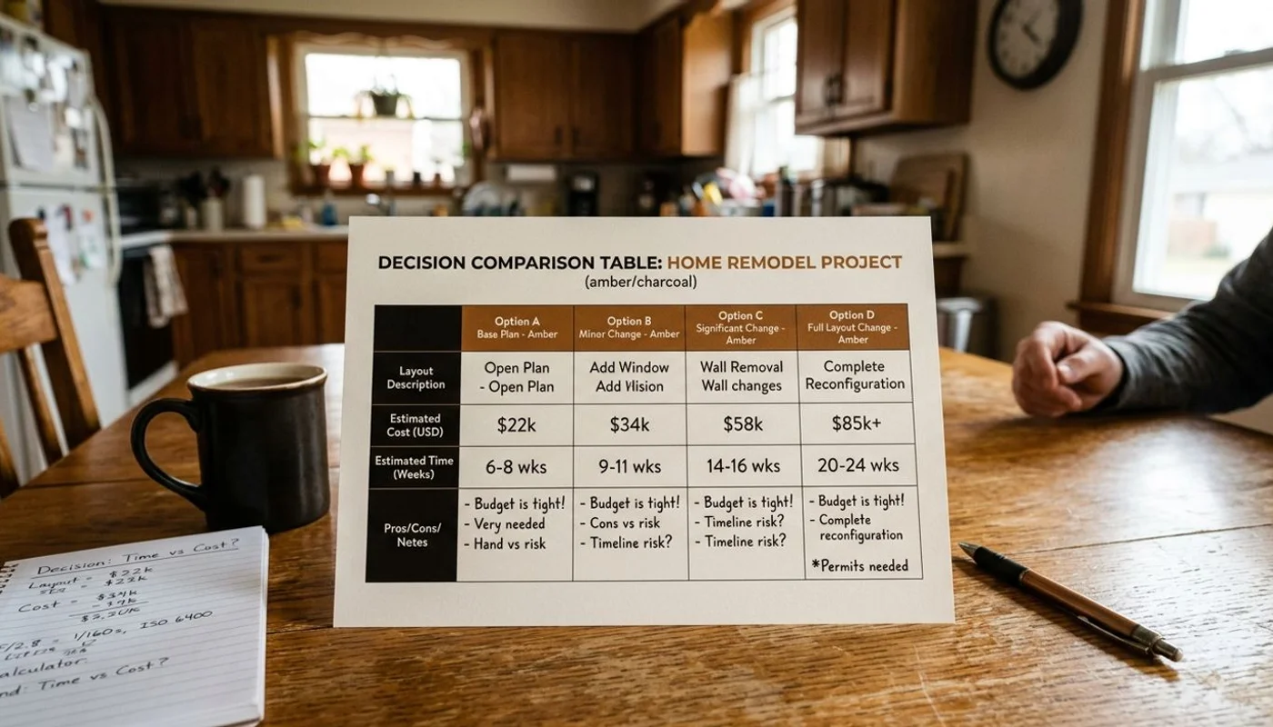 Decision comparison table: cost, time, layout change