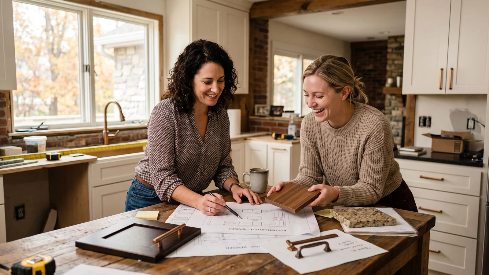 Designer and homeowner reviewing cabinet layout and finish samples