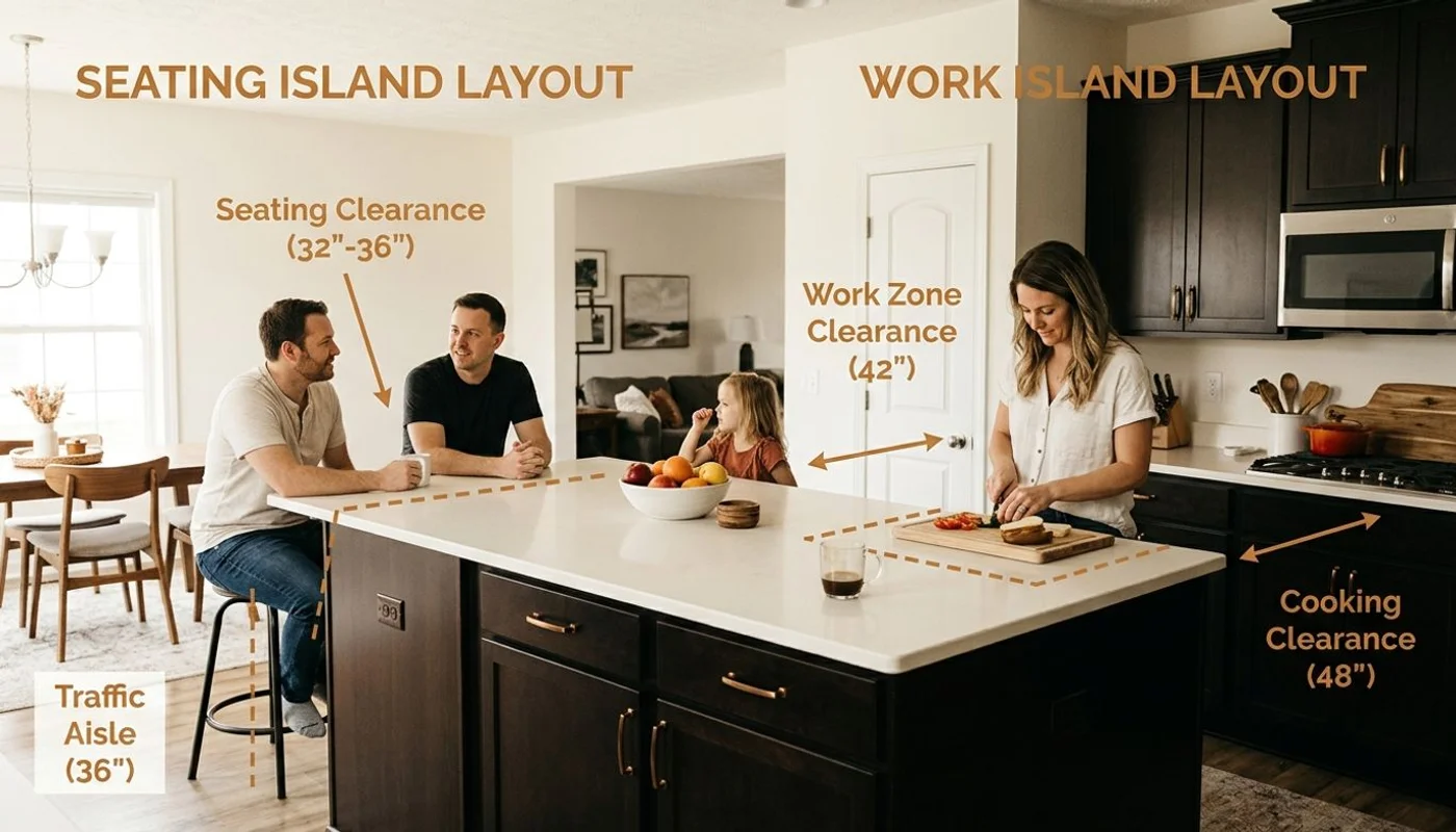 Diagram comparing seating vs work island layouts