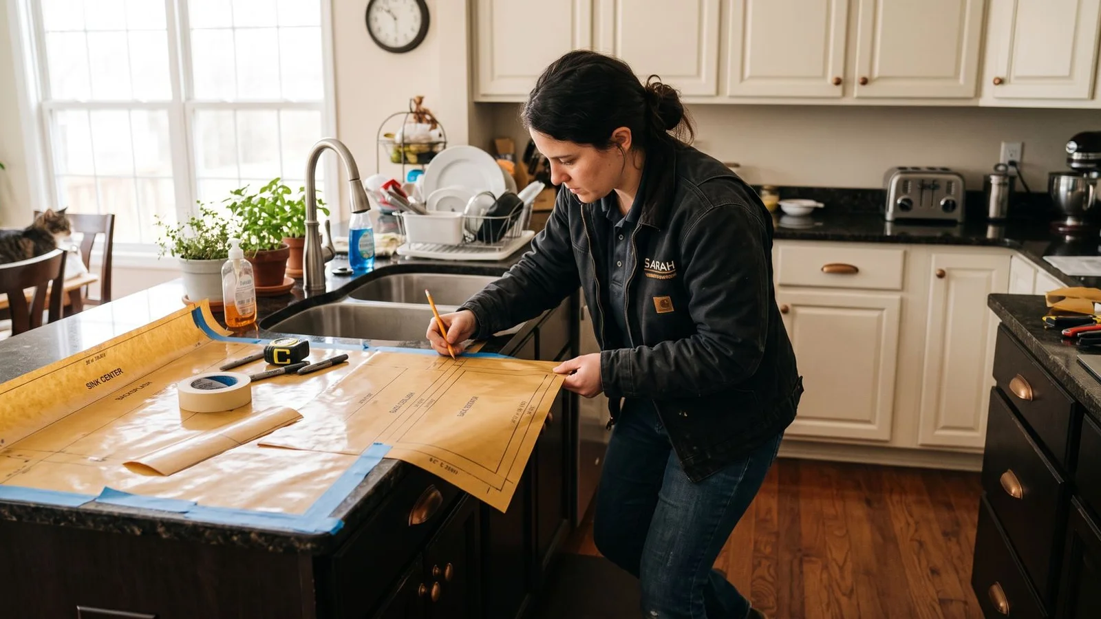 Fabricator templating a countertop in a real kitchen