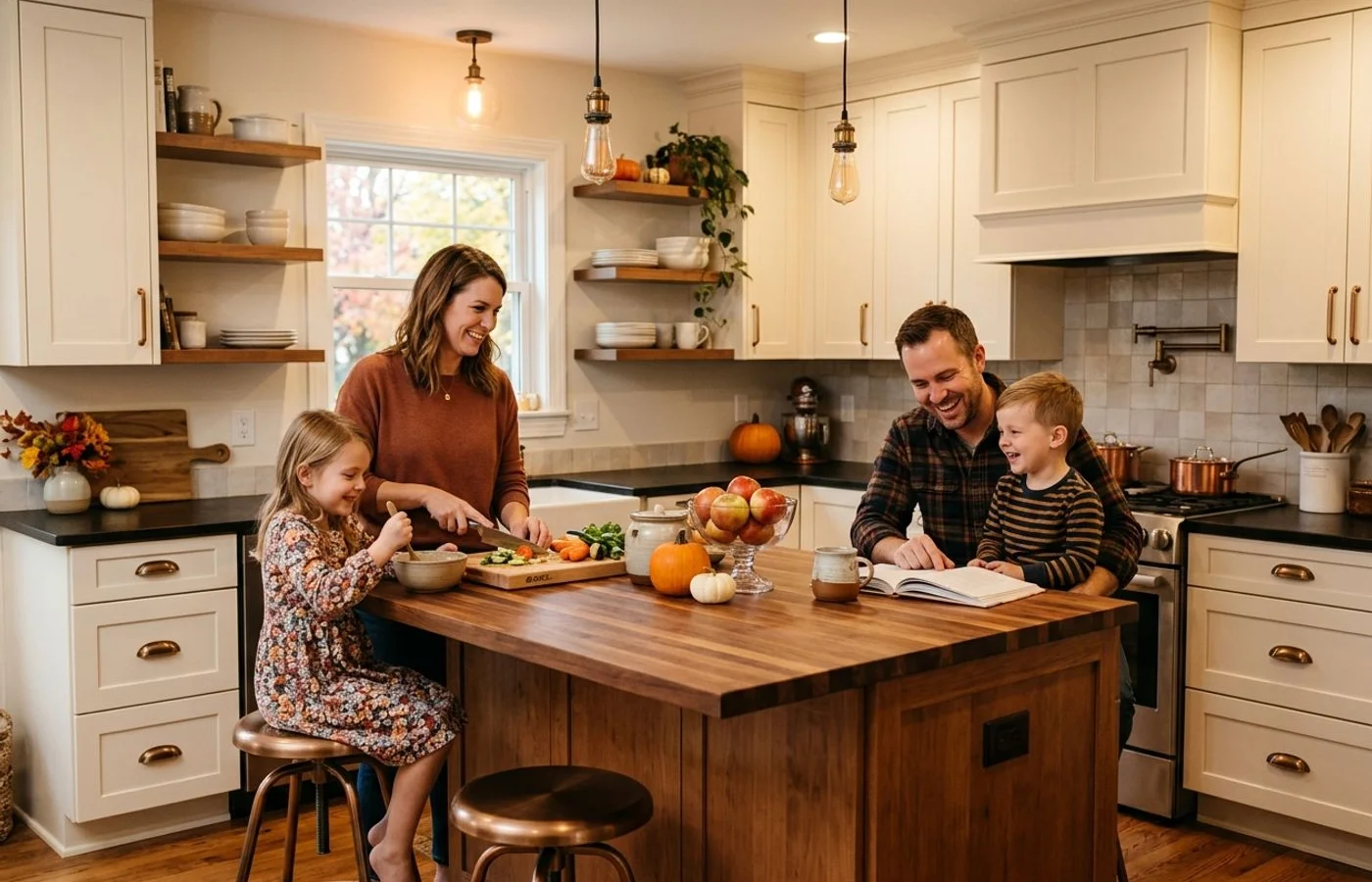 Fall finished kitchen with family gathering