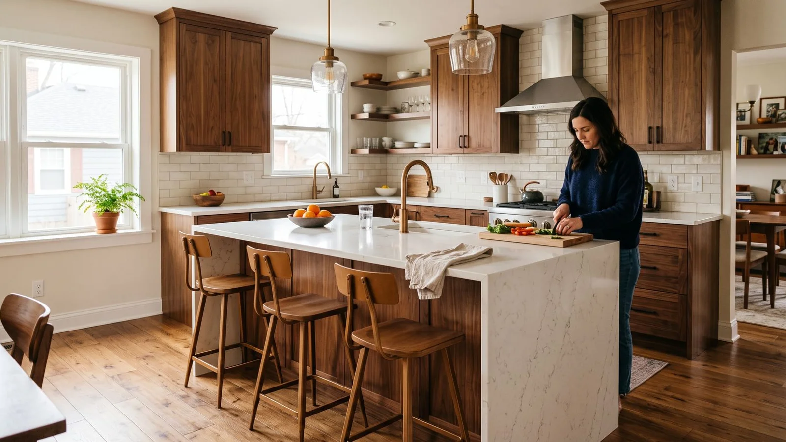 Grandview Heights, Ohio finished custom kitchen with waterfall quartz island