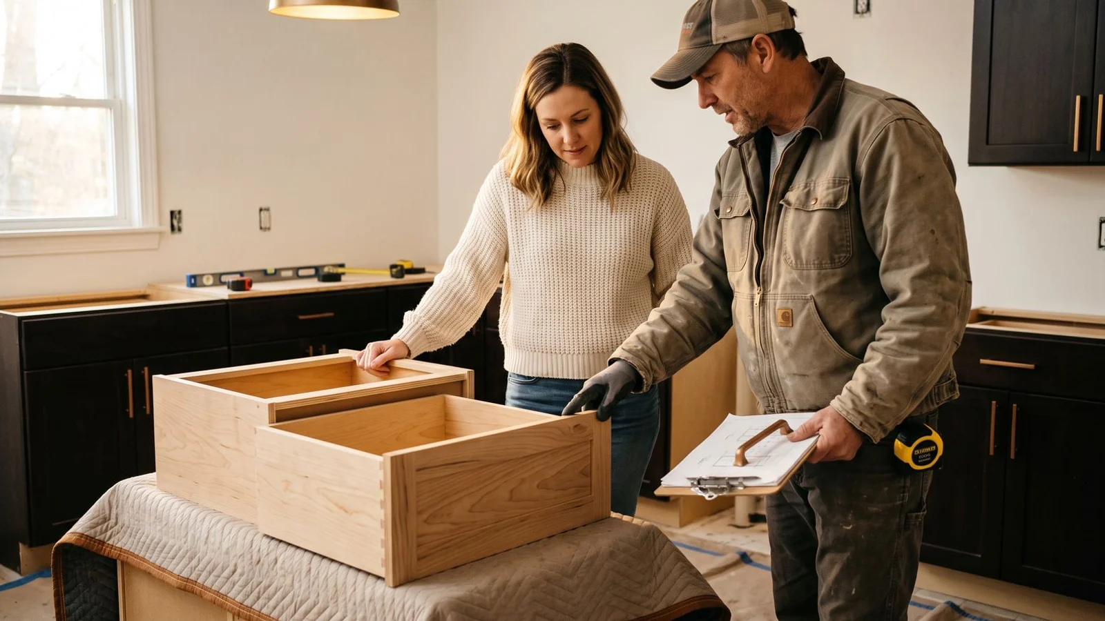 Homeowner inspecting cabinet boxes with contractor