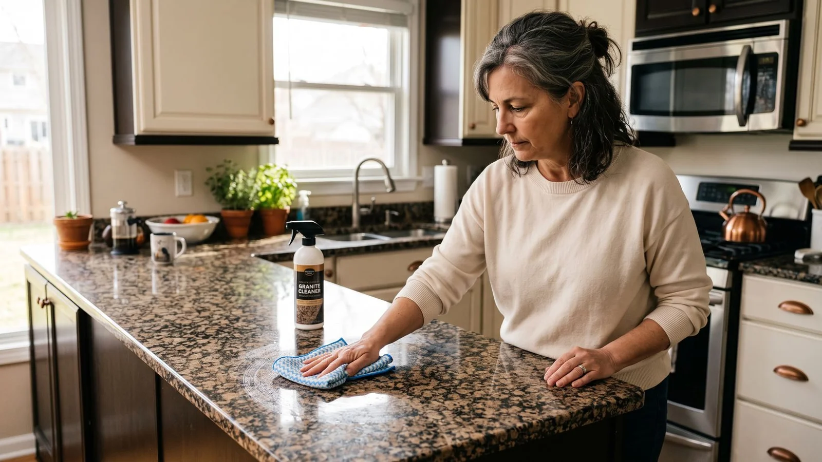 Homeowner wiping down granite countertop
