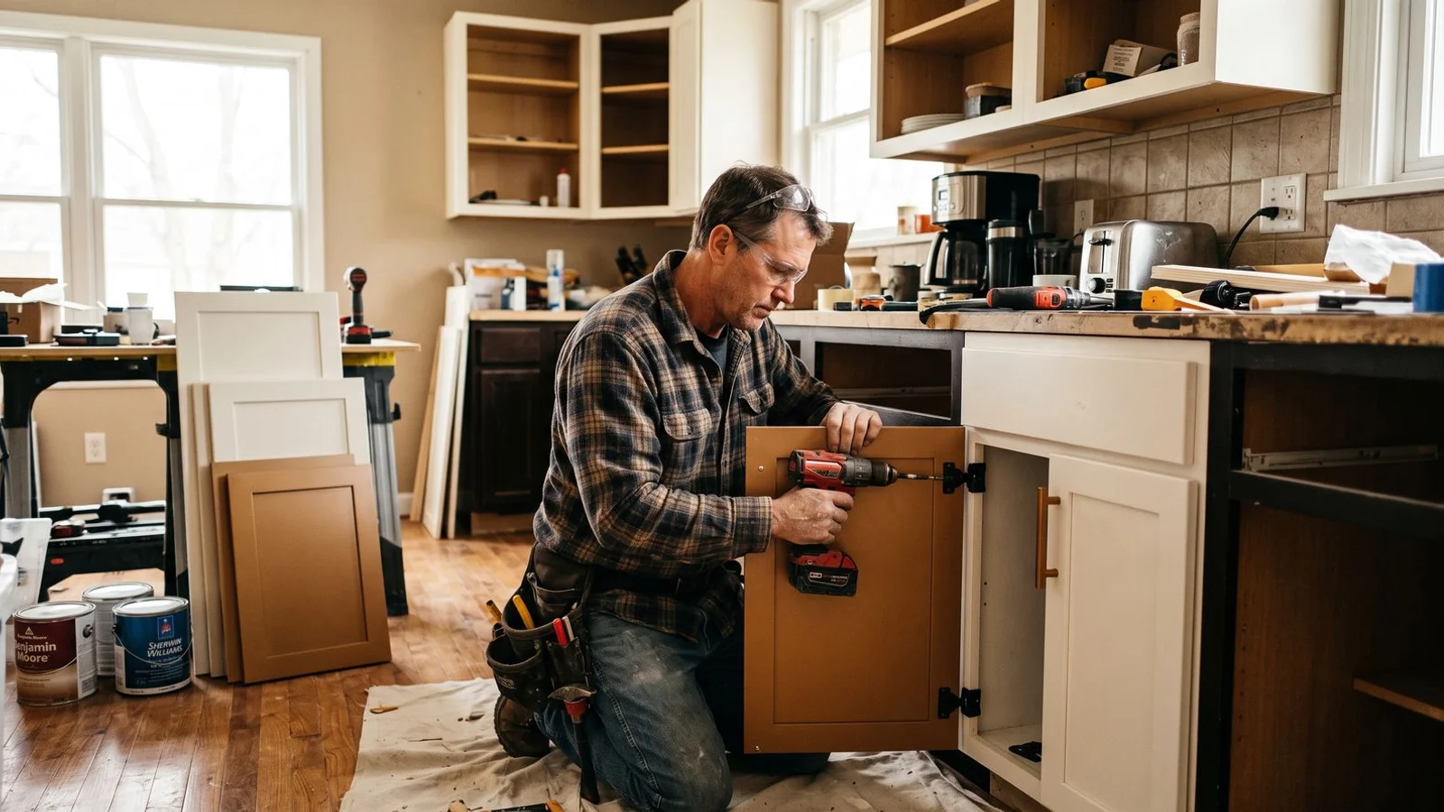 Installer fitting new refaced cabinet doors mid-project