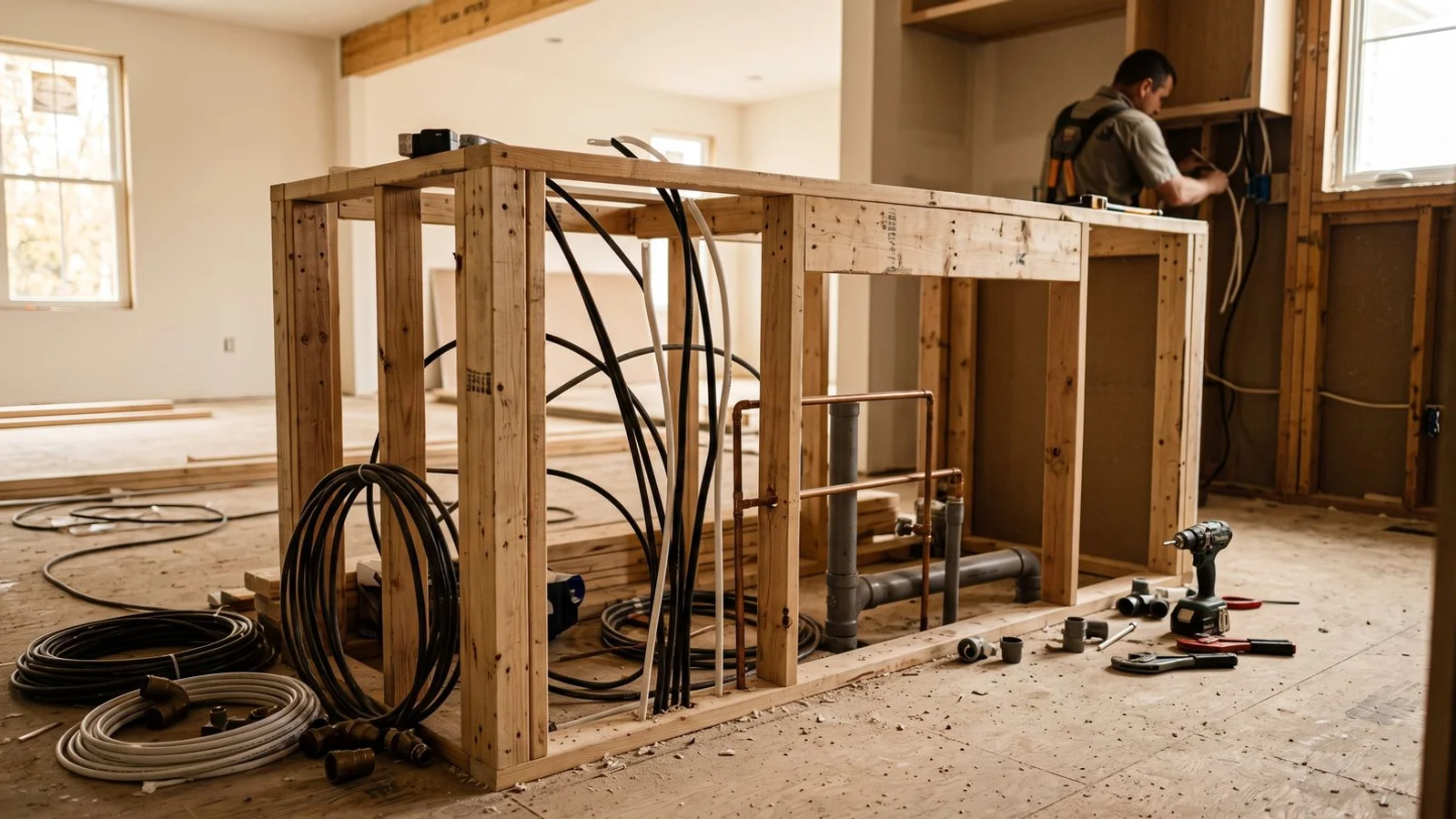 Island under construction showing electrical and plumbing rough-in