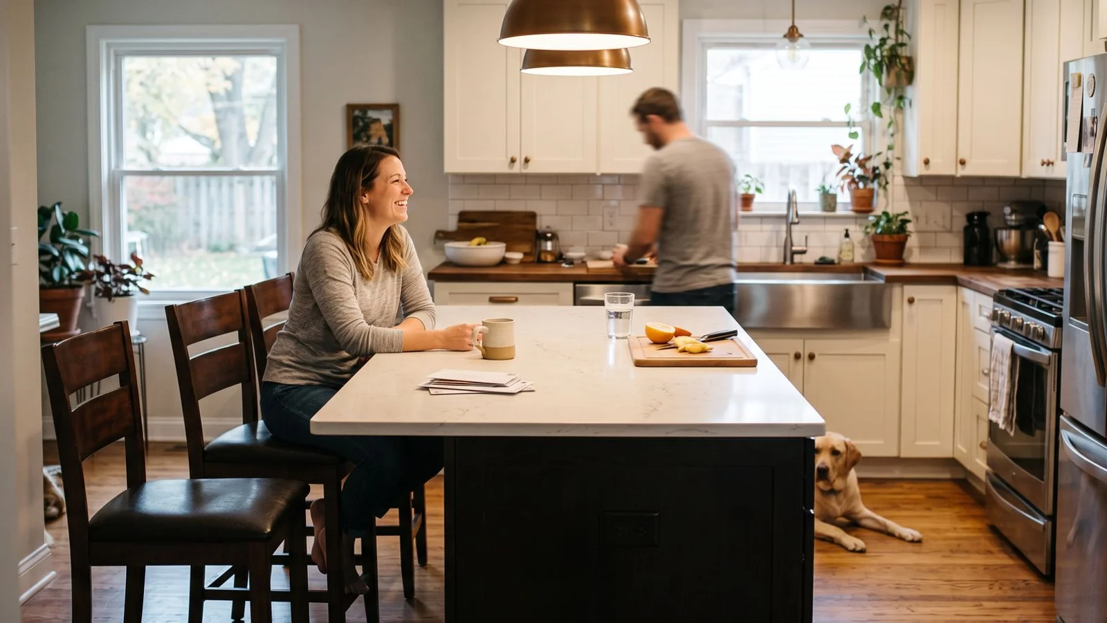 Island with bar seating in real family kitchen