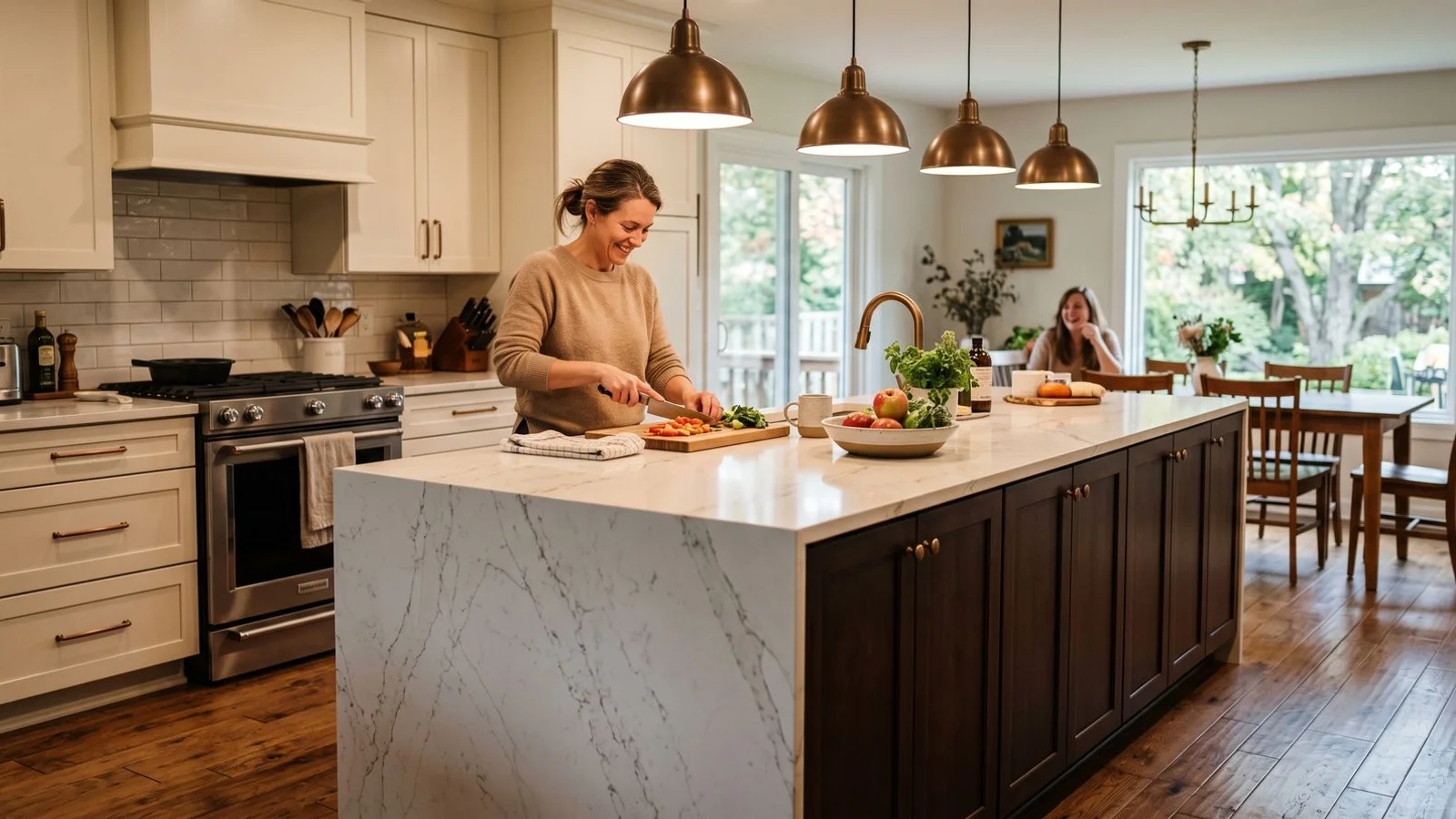 Large custom kitchen island with waterfall quartz edge