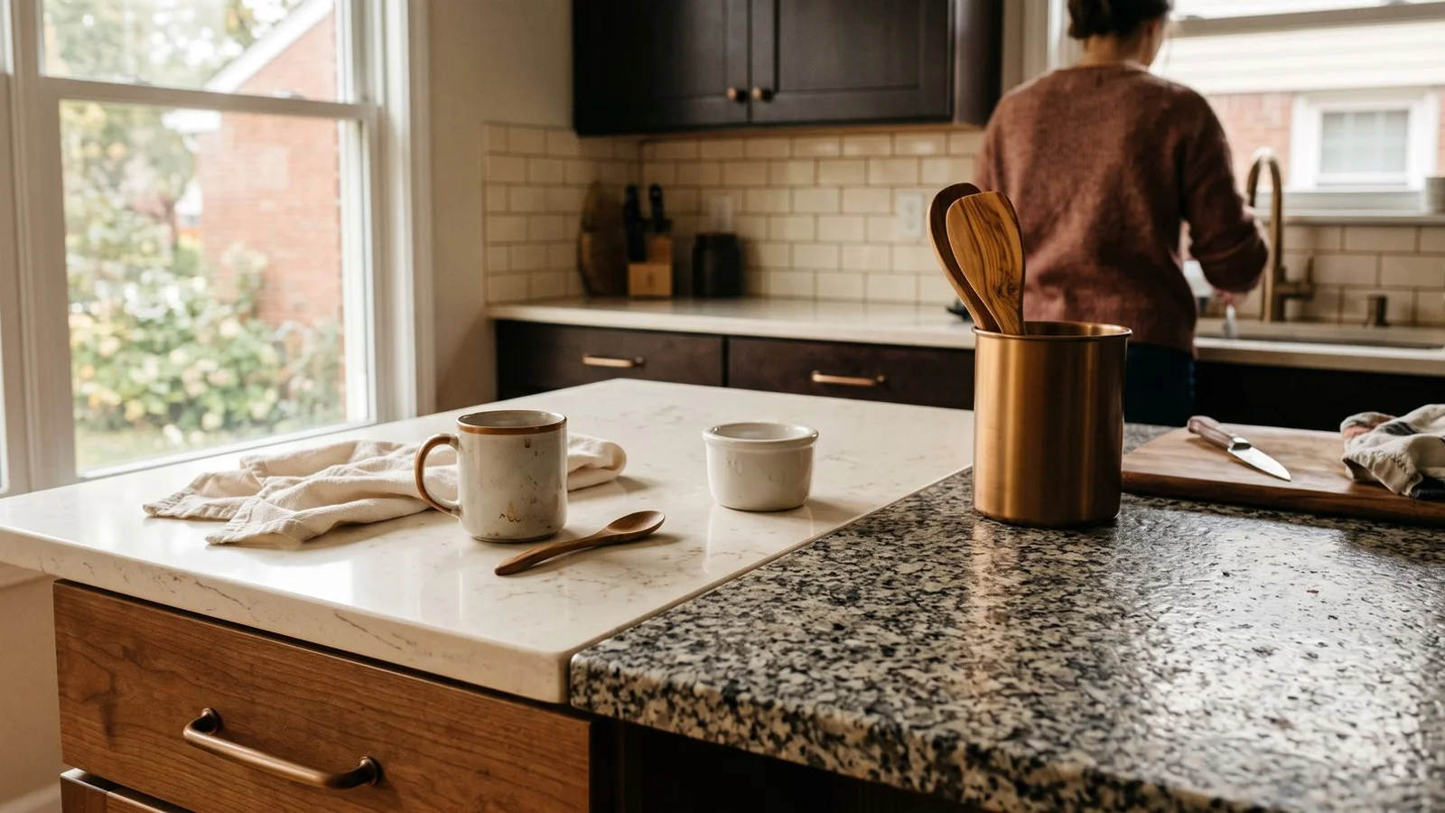 Quartz and granite counters side by side