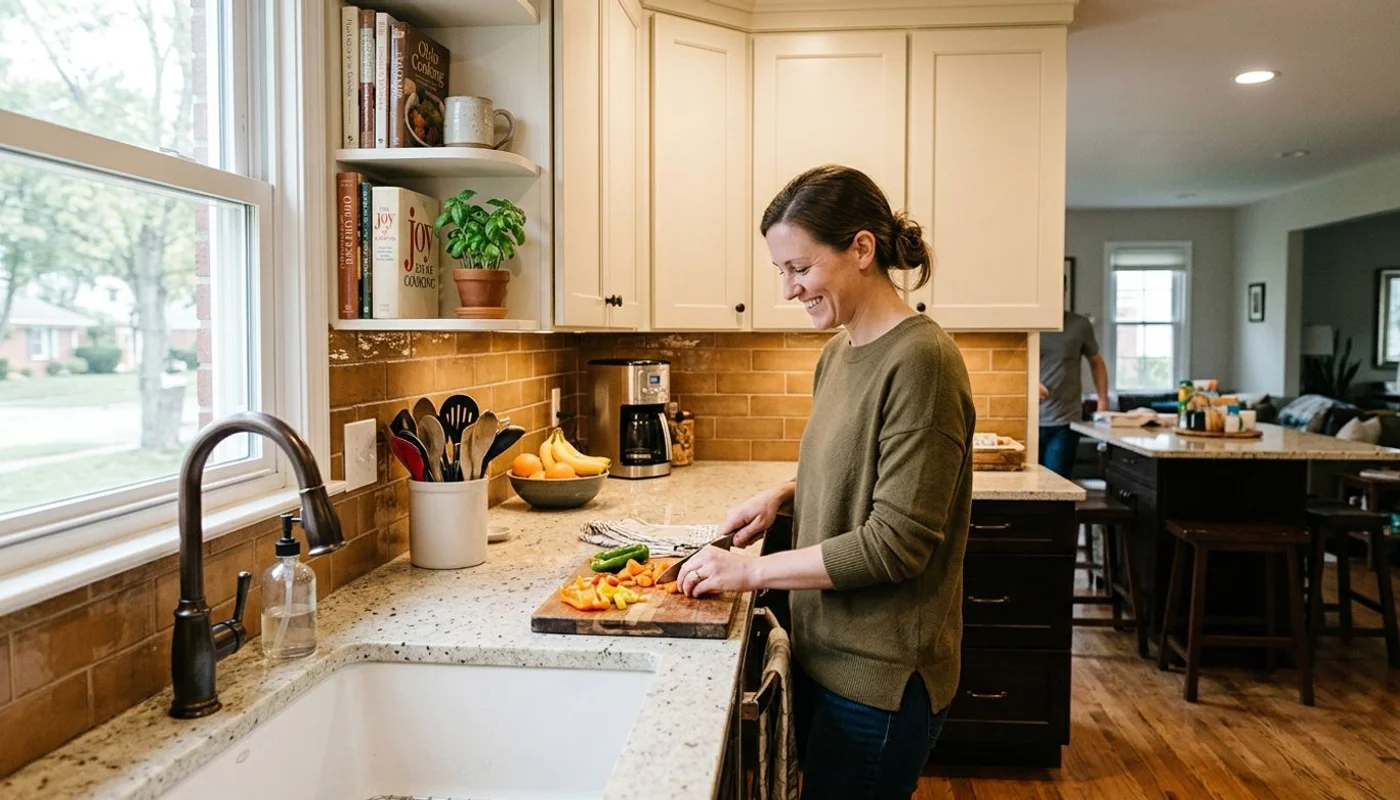 Real kitchen with coordinated backsplash, counters, and cabinets