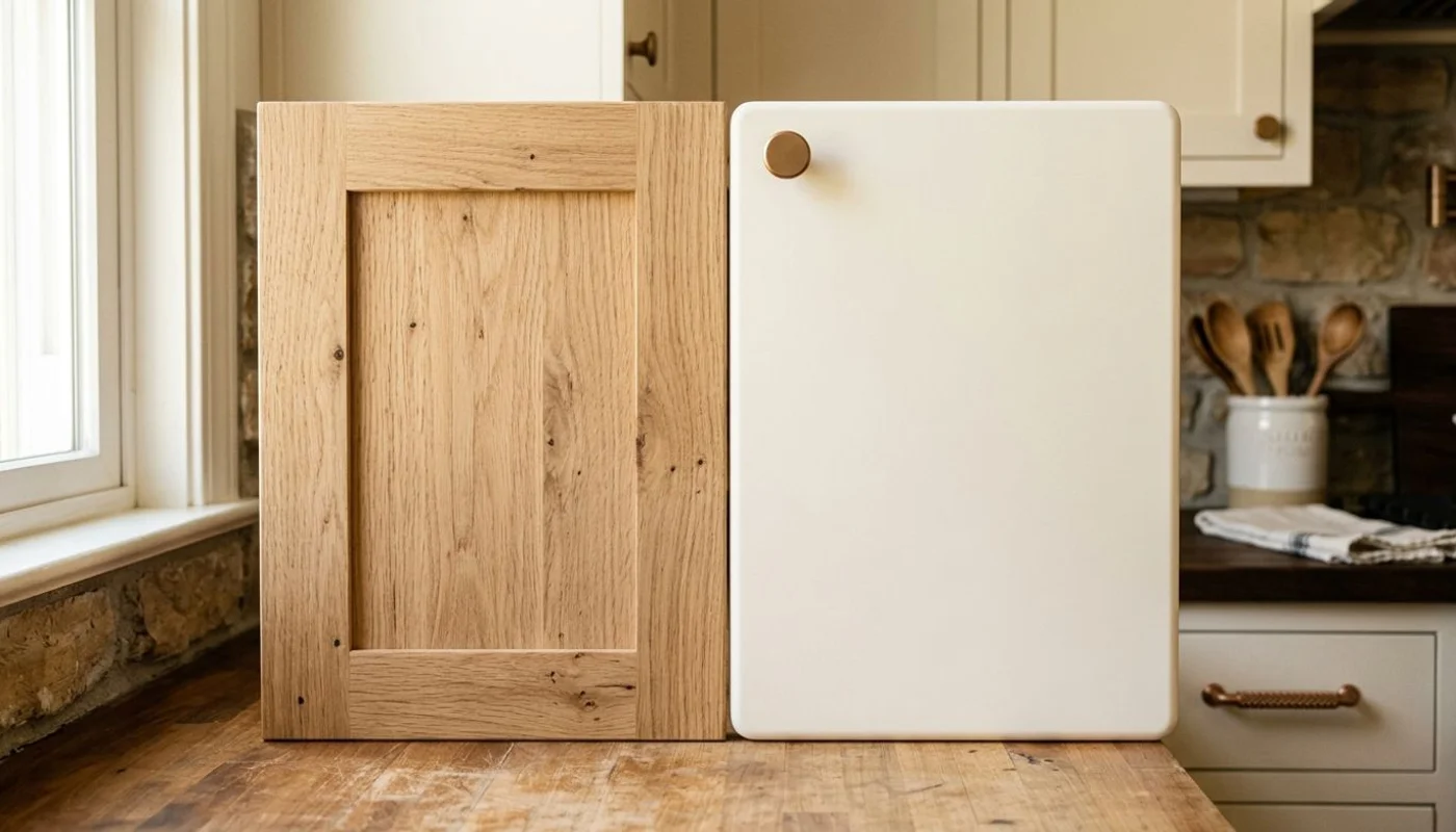 Solid-wood shaker door beside a thermofoil door