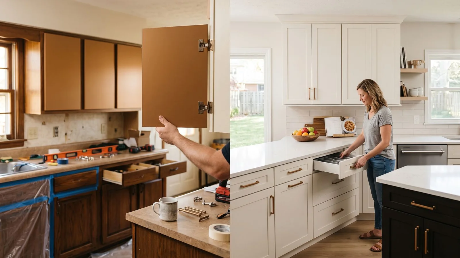 Split image: refaced cabinets on one side, new install on the other